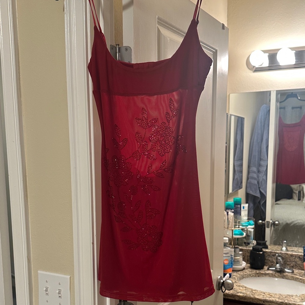 Tiger Mist Red Beaded Spaghetti Strap Slip Dress